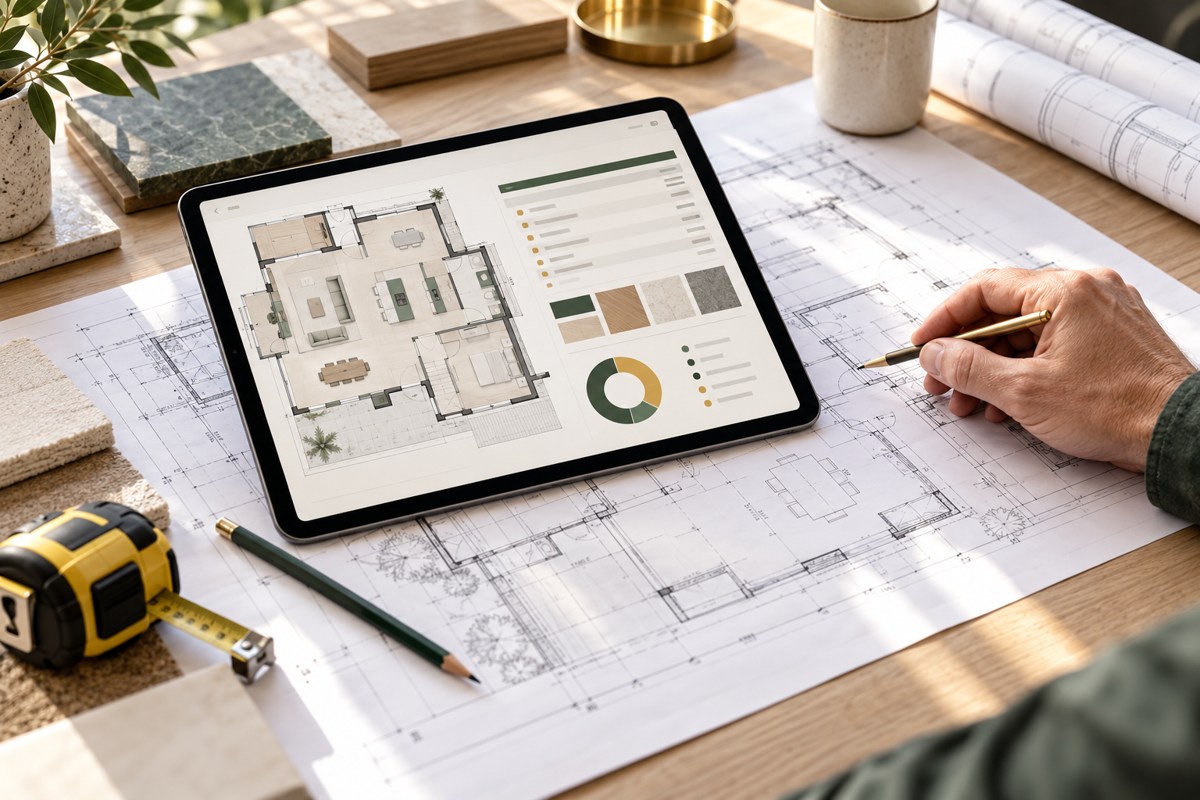 Tablet and architectural project plans